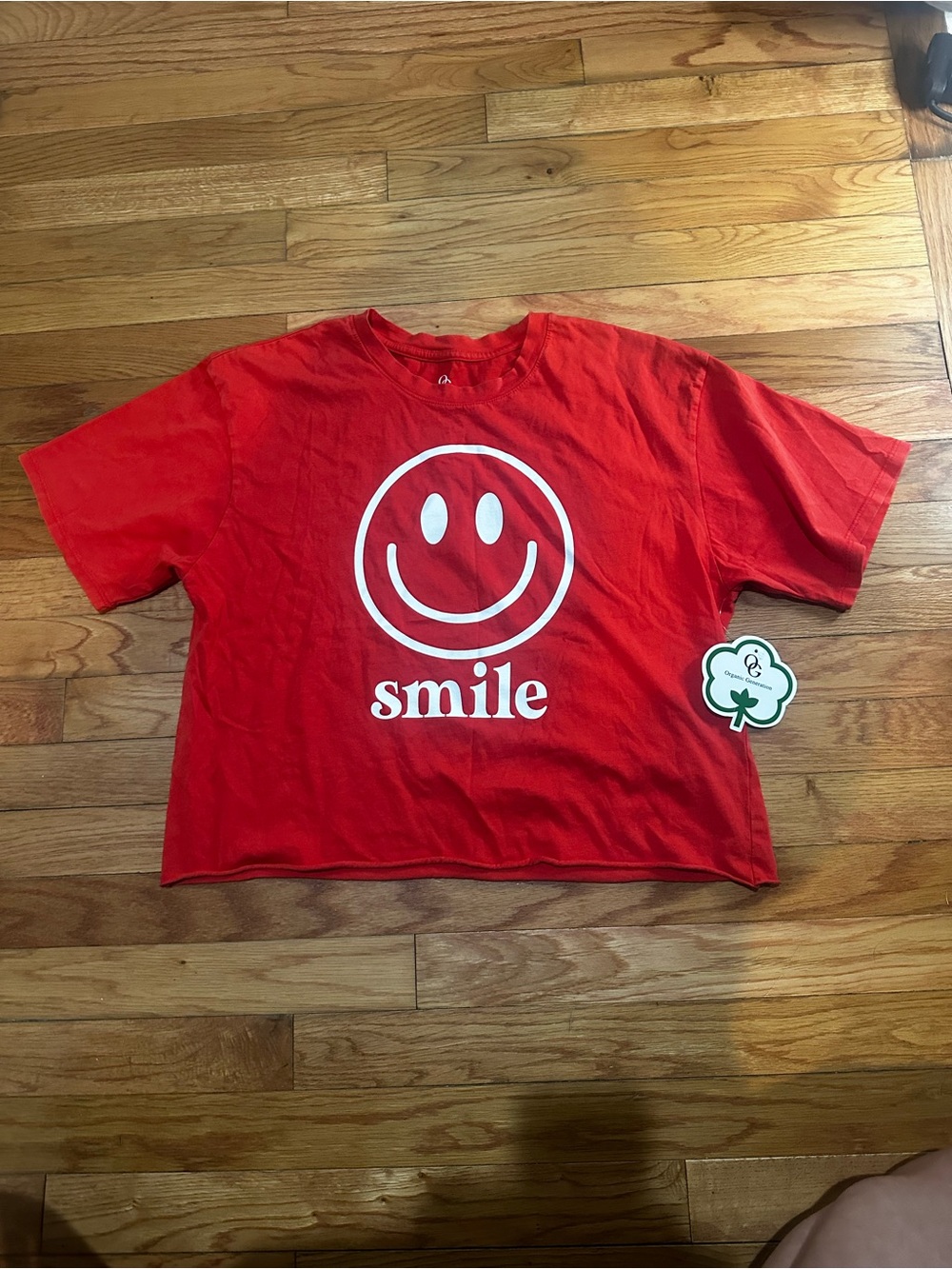 NWT Organic Generation Red Cropped Short Sleeve T-shirt Smile Cotton M